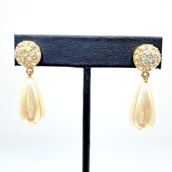 Vintage Faux Teardrop Pearl AB Rhinestone Dangle Earrings Gold Tone Retro 1.5" - Picture 3 of 8